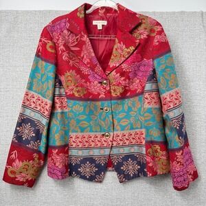 Coldwater Creek Womens Jacket Blazer Floral Patchwork‎ Red Multicolor Size 18